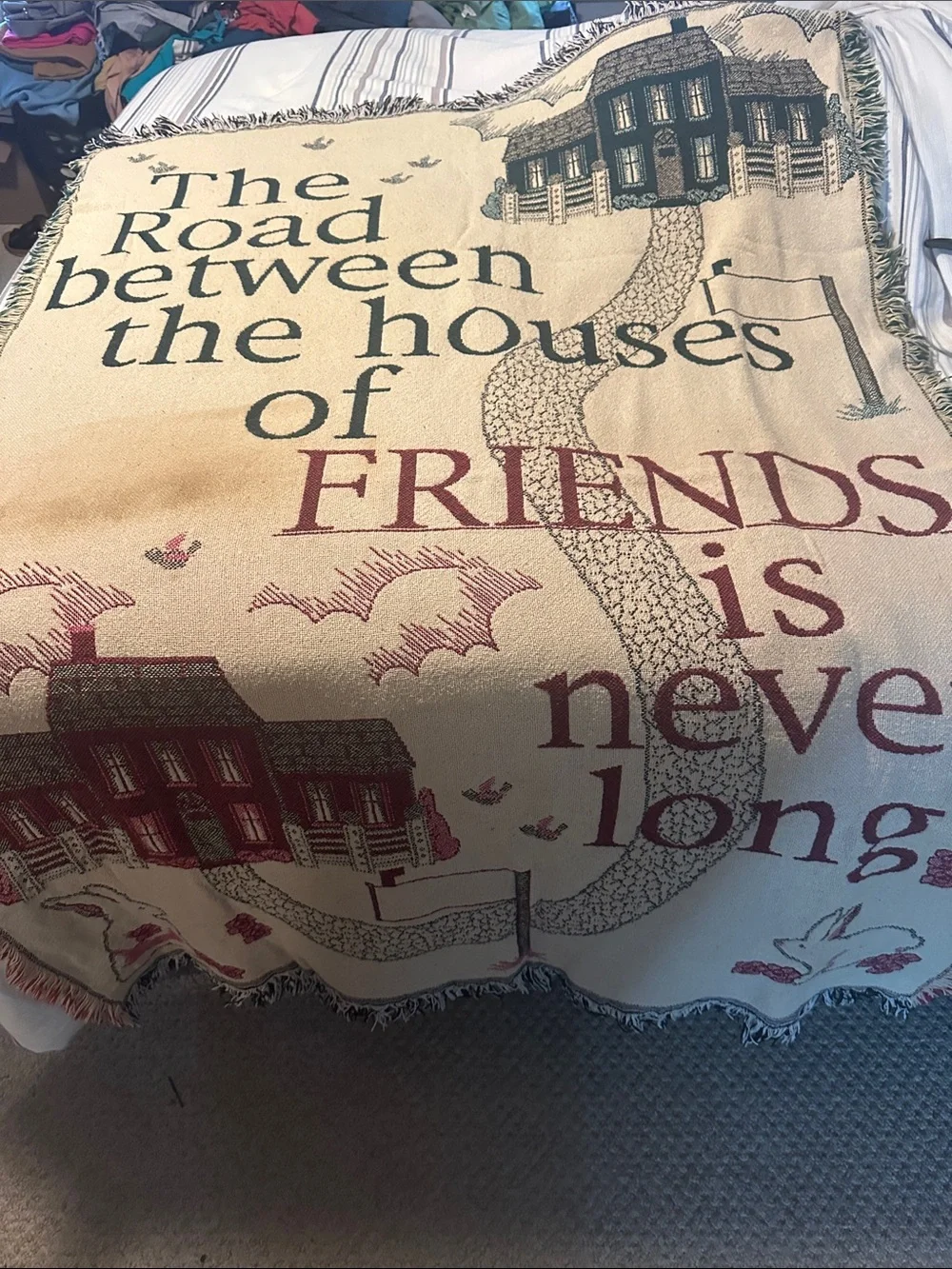 Vintage Friendship Quote Woven Throw Blanket in Cream and Burgundy